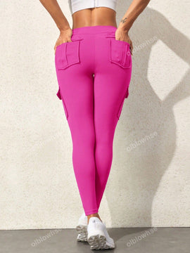 Leggings deportivos de cintura alta, color rosa, con multiples bolsillos con solapa, cinturilla ancha, para correr, yoga, fitness, pantalones ajustados, pantalones de entrenamiento informales