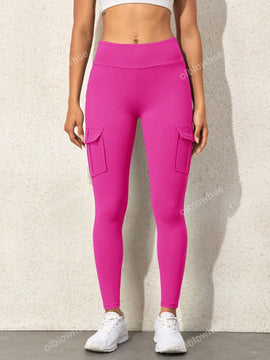 Leggings deportivos de cintura alta, color rosa, con multiples bolsillos con solapa, cinturilla ancha, para correr, yoga, fitness, pantalones ajustados, pantalones de entrenamiento informales
