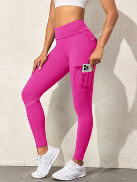 Leggings deportivos de cintura alta, color rosa, con multiples bolsillos con solapa, cinturilla ancha, para correr, yoga, fitness, pantalones ajustados, pantalones de entrenamiento informales