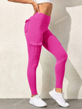 Leggings deportivos de cintura alta, color rosa, con multiples bolsillos con solapa, cinturilla ancha, para correr, yoga, fitness, pantalones ajustados, pantalones de entrenamiento informales
