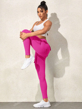 Leggings deportivos de cintura alta, color rosa, con multiples bolsillos con solapa, cinturilla ancha, para correr, yoga, fitness, pantalones ajustados, pantalones de entrenamiento informales