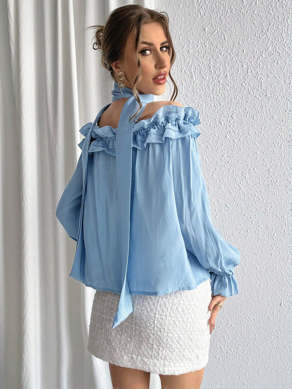 Prive Blusa De Hombros Descubiertos Con Volantes Y Mangas Acampanadas En Color Solido