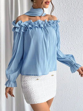 Prive Blusa De Hombros Descubiertos Con Volantes Y Mangas Acampanadas En Color Solido