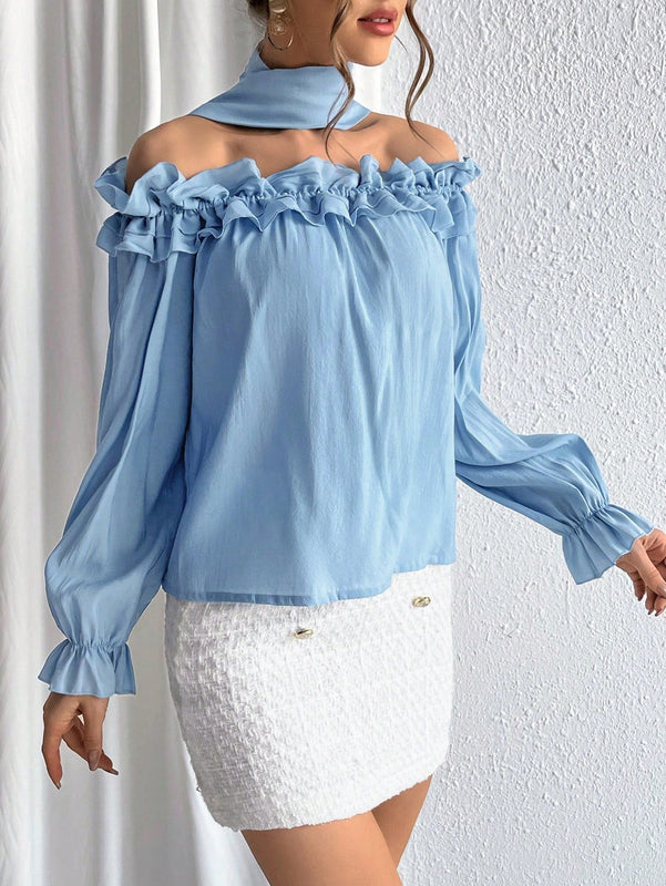 Prive Blusa De Hombros Descubiertos Con Volantes Y Mangas Acampanadas En Color Solido
