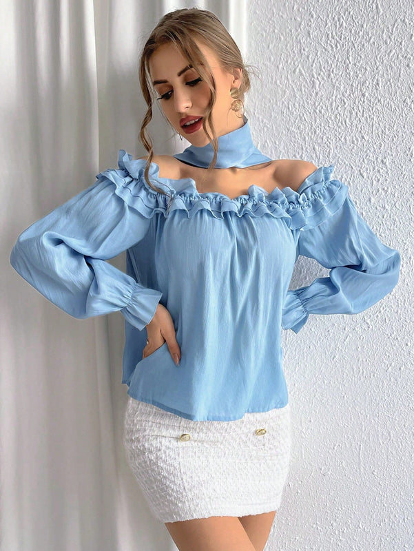 Prive Blusa De Hombros Descubiertos Con Volantes Y Mangas Acampanadas En Color Solido