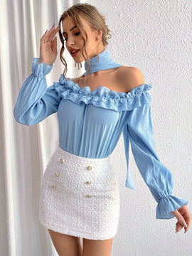 Prive Blusa De Hombros Descubiertos Con Volantes Y Mangas Acampanadas En Color Solido