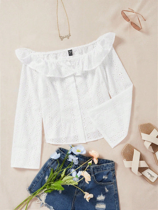 WYWH Blusa de hombros descubiertos ribete con fruncido schiffy