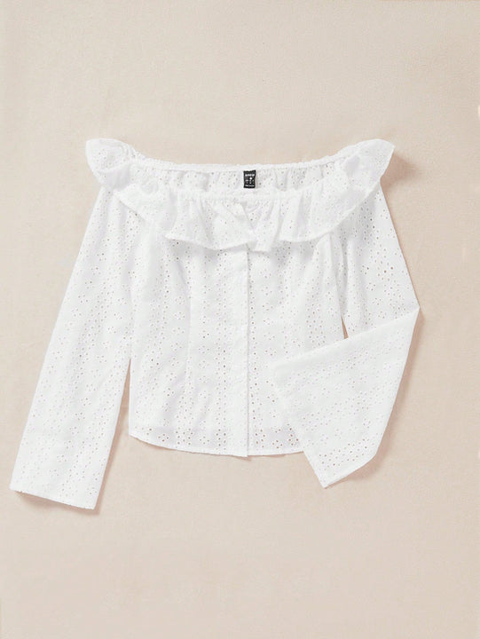 WYWH Blusa de hombros descubiertos ribete con fruncido schiffy