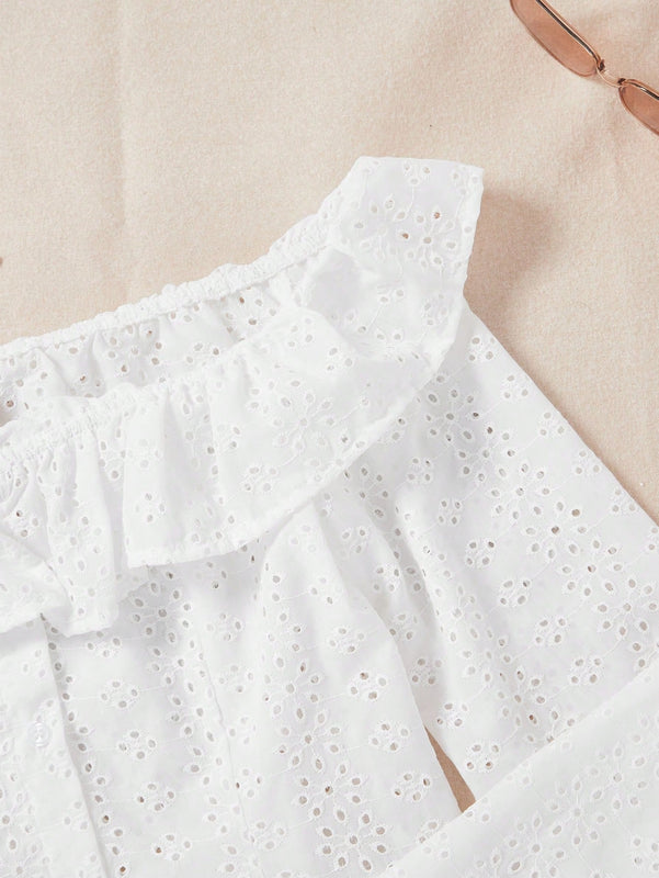 WYWH Blusa de hombros descubiertos ribete con fruncido schiffy