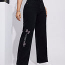 EZwear Pantalones De Mezclilla Con Diseno De Eslogan De Vidrio De Diamantes De Imitacion