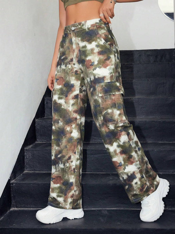 EZwear Pantalones cargo para mujeres tie dye mezclilla