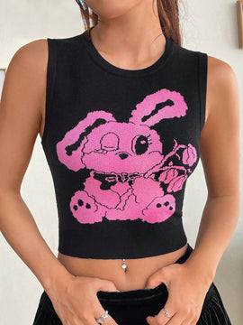 EZwear Chaleco de punto crop con patron de dibujos animados