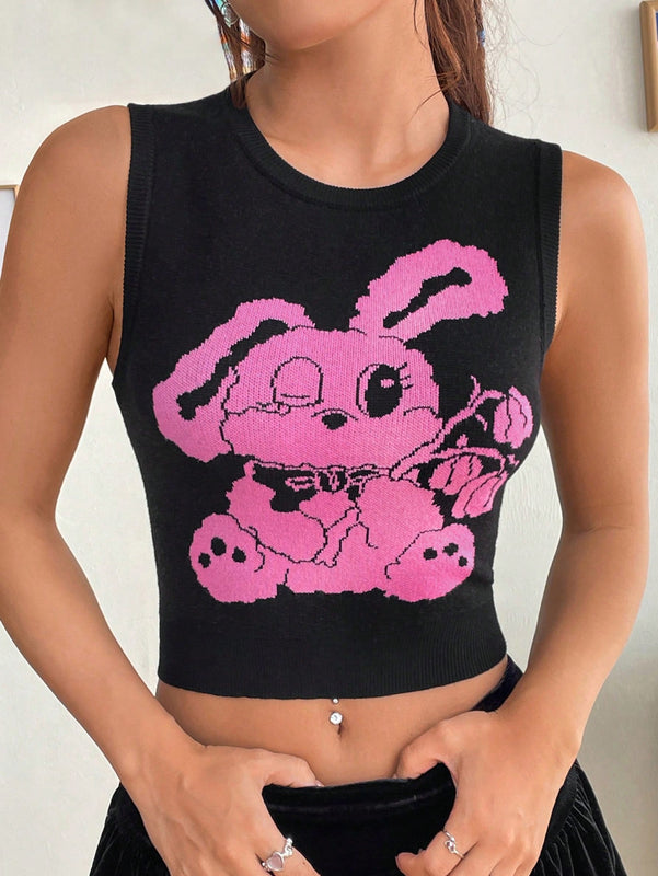 EZwear Chaleco de punto crop con patron de dibujos animados