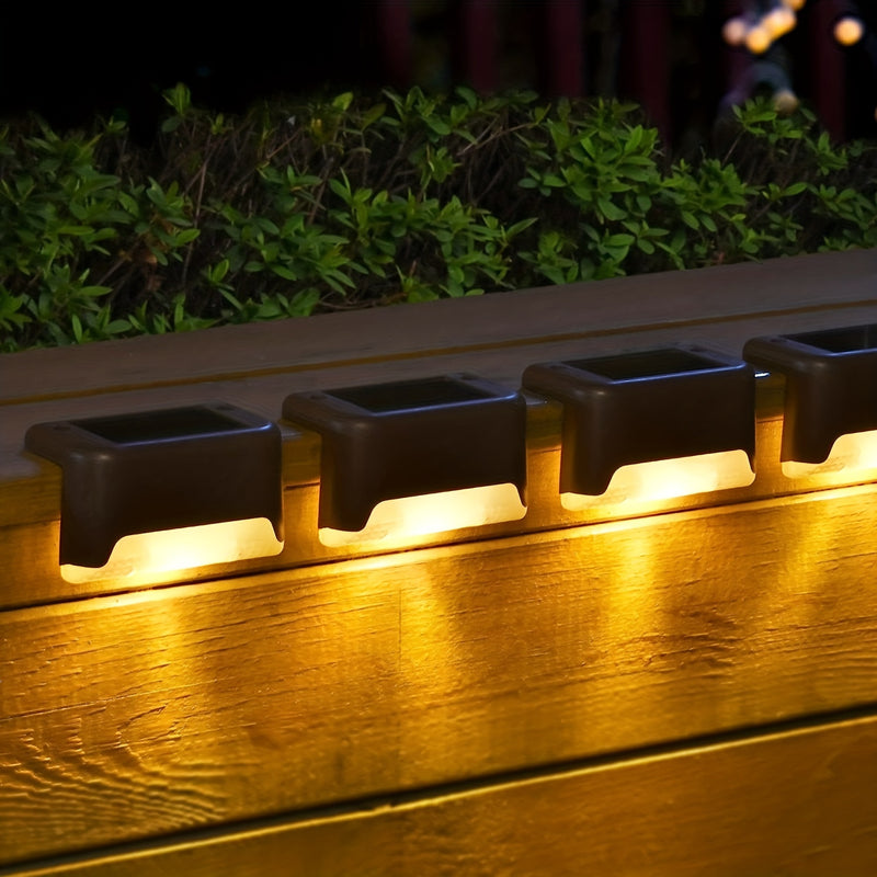 4 luces solares para exteriores, luces decorativas LED para exteriores, luces para caminos de jardín, luces para cercas al aire libre, luces solares para escalones, escaleras al aire libre, escalones, cercas, jardines, balcones, patios y caminos.