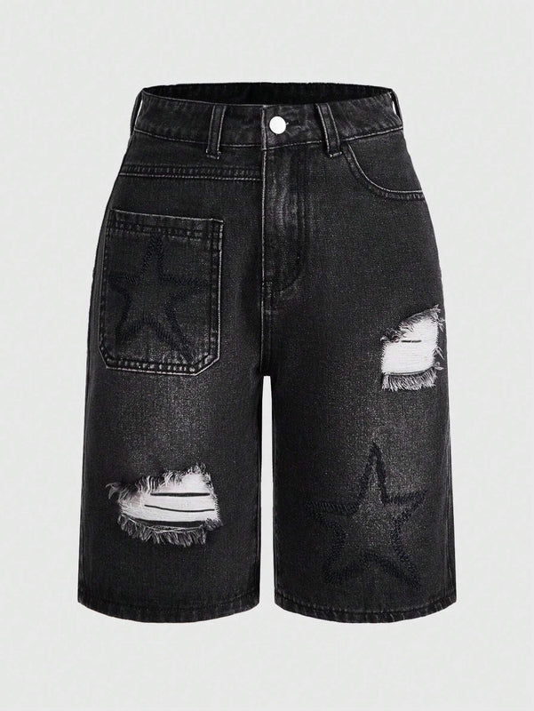 ROMWE Grunge Punk Shorts Vaqueros Desgastados Para Mujer