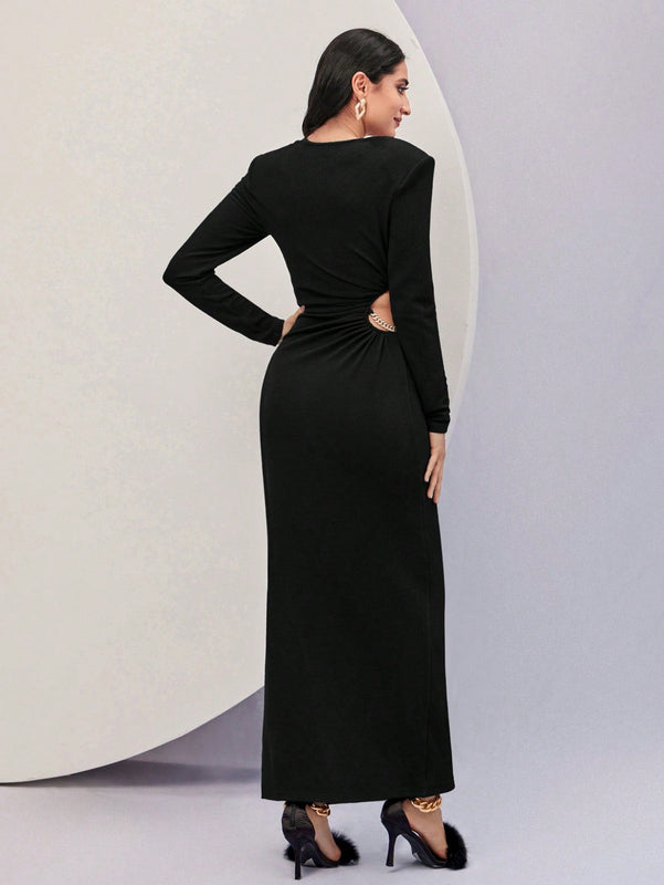 Modely Vestido de cuello cuadrado de manga farol de muslo con abertura