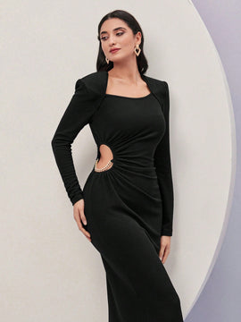 Modely Vestido de cuello cuadrado de manga farol de muslo con abertura
