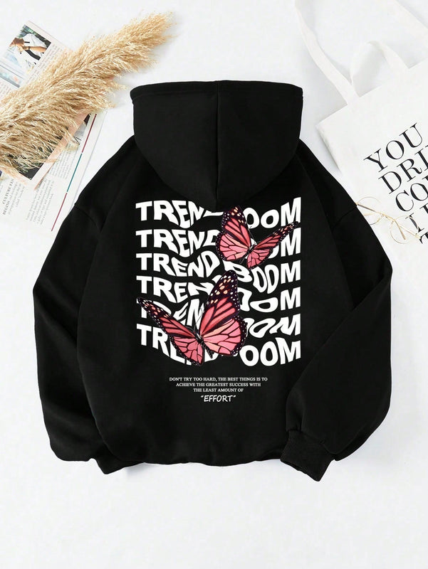 Ezwear sudadera de forro polar con estampado de letra y mariposa