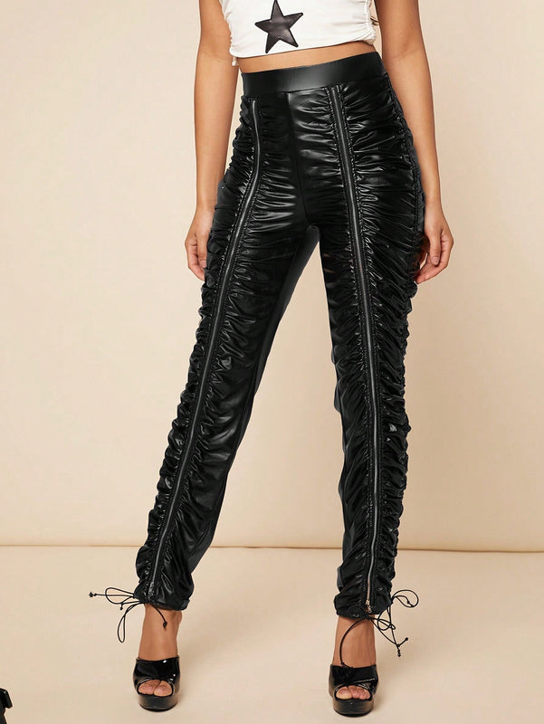 Haute Pantalones De PU Con Pliegue Y Cremallera Dividida