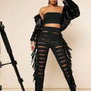 Haute Pantalon Ajustado Con Flecos Con Corte De Escalera