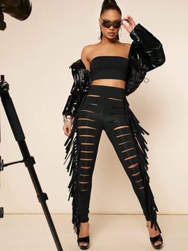 Haute Pantalon Ajustado Con Flecos Con Corte De Escalera
