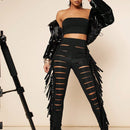 Haute Pantalon Ajustado Con Flecos Con Corte De Escalera