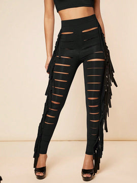 Haute Pantalon Ajustado Con Flecos Con Corte De Escalera