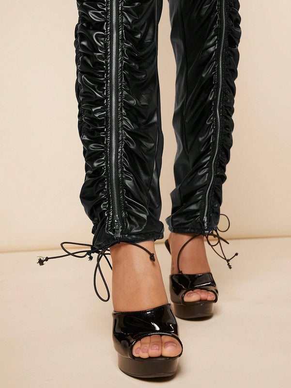 Haute Pantalones De PU Con Pliegue Y Cremallera Dividida