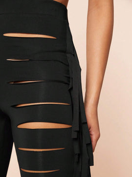 Haute Pantalon Ajustado Con Flecos Con Corte De Escalera
