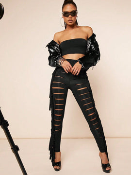 Haute Pantalon Ajustado Con Flecos Con Corte De Escalera