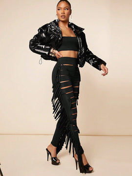 Haute Pantalon Ajustado Con Flecos Con Corte De Escalera