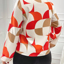 Lady Blusa con estampado geometrico de cuello con cordon de manga farol