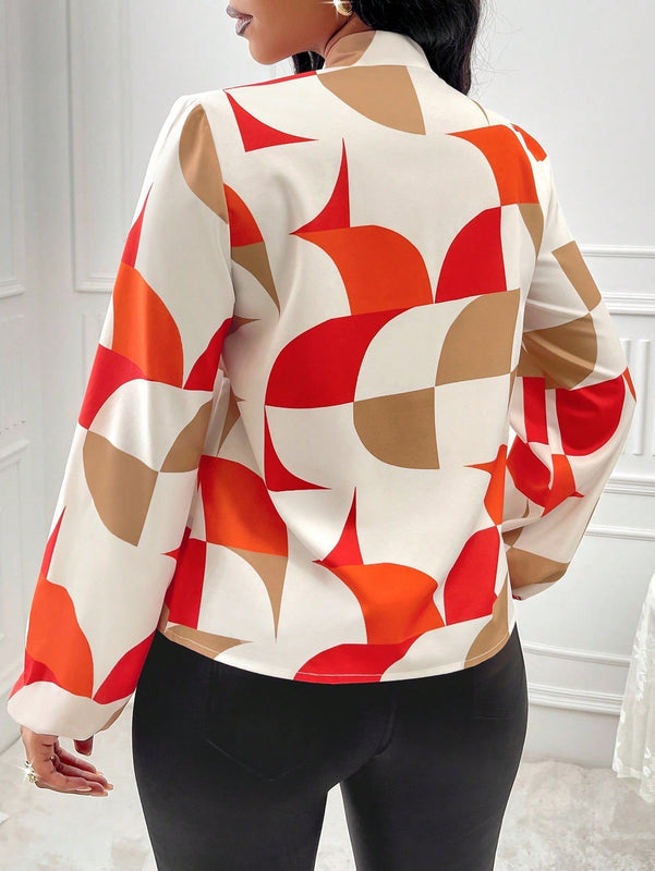 Lady Blusa con estampado geometrico de cuello con cordon de manga farol