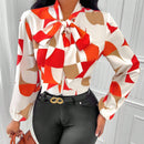 Lady Blusa con estampado geometrico de cuello con cordon de manga farol