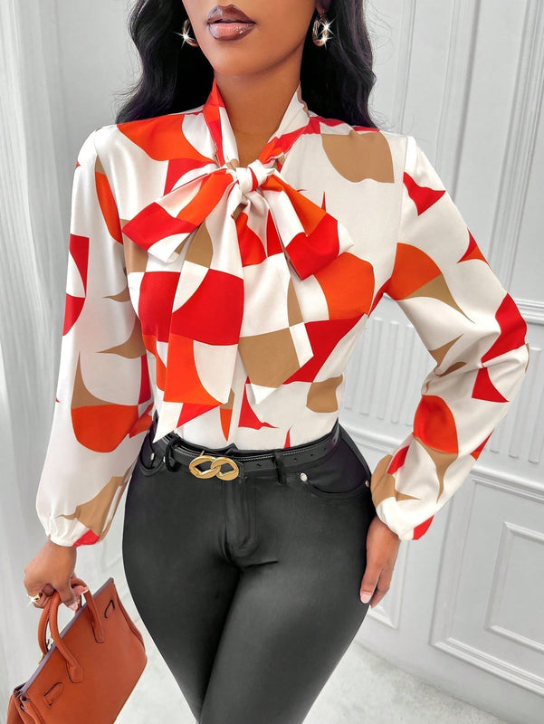 Lady Blusa con estampado geometrico de cuello con cordon de manga farol