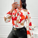 Lady Blusa con estampado geometrico de cuello con cordon de manga farol