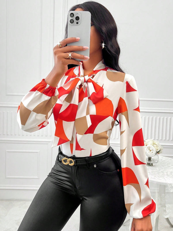 Lady Blusa con estampado geometrico de cuello con cordon de manga farol