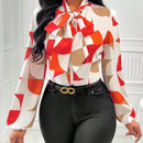 Lady Blusa con estampado geometrico de cuello con cordon de manga farol