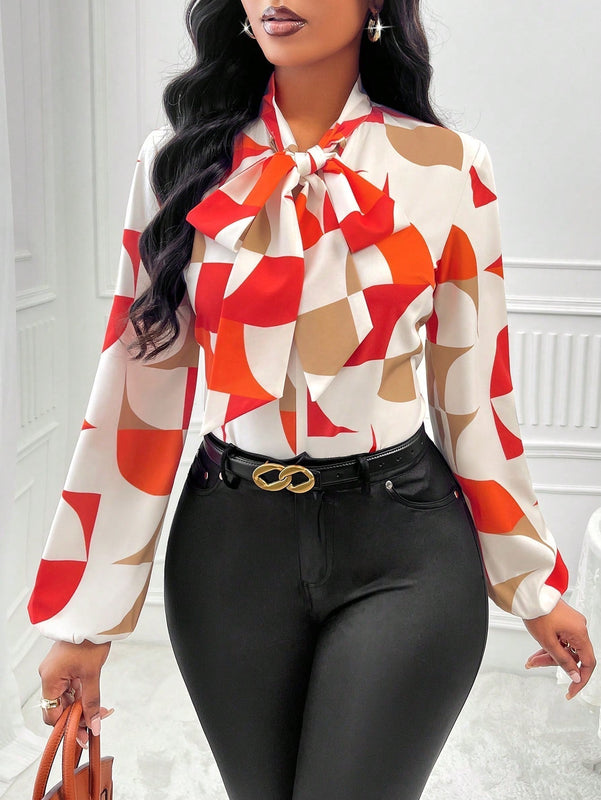 Lady Blusa con estampado geometrico de cuello con cordon de manga farol