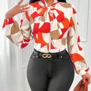 Lady Blusa con estampado geometrico de cuello con cordon de manga farol