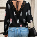 Frenchy Camisa De Encaje Con Empalme Y Estampado De Plumas Para Mujer