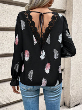 Frenchy Camisa De Encaje Con Empalme Y Estampado De Plumas Para Mujer