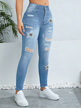 Pantalones ajustados y elasticos para mujer con detalles rasgados y estampado de estrellas