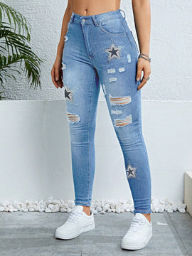 Pantalones ajustados y elasticos para mujer con detalles rasgados y estampado de estrellas