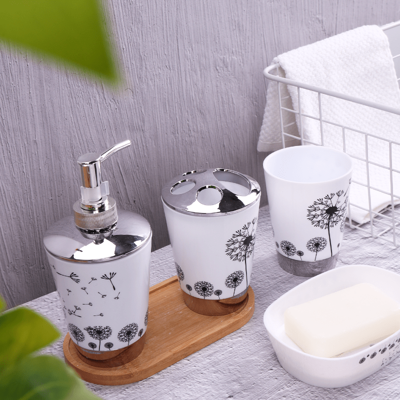 4pcs Juego De Accesorios De Baño Simple, Incluye Dispensador De Loción, Jabonera, Vaso Para Enjuague Bucal Y Porta Cepillos De Dientes, Adecuado Para La Decoración Del Baño, Set De Regalo Para La Casa