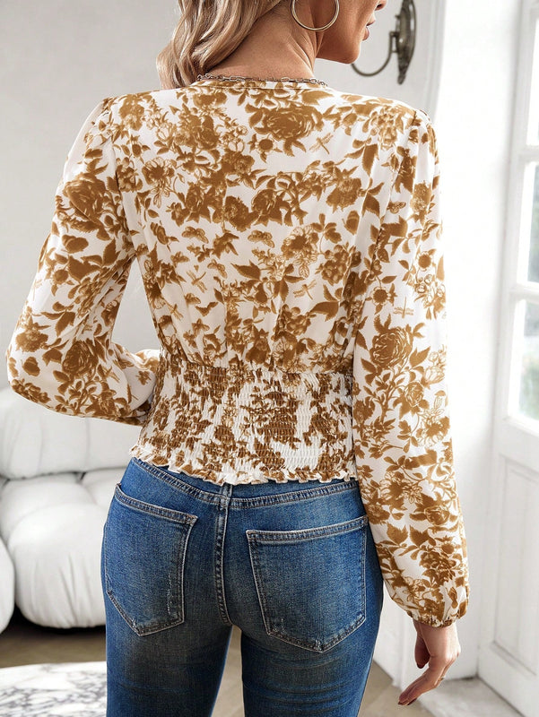 Clasi Camisa pleno con estampado floral de manga farol fruncido