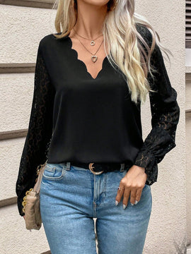Frenchy Blusa Con Ribete Festoneado Y Manga Con Volante De Encaje En Contraste