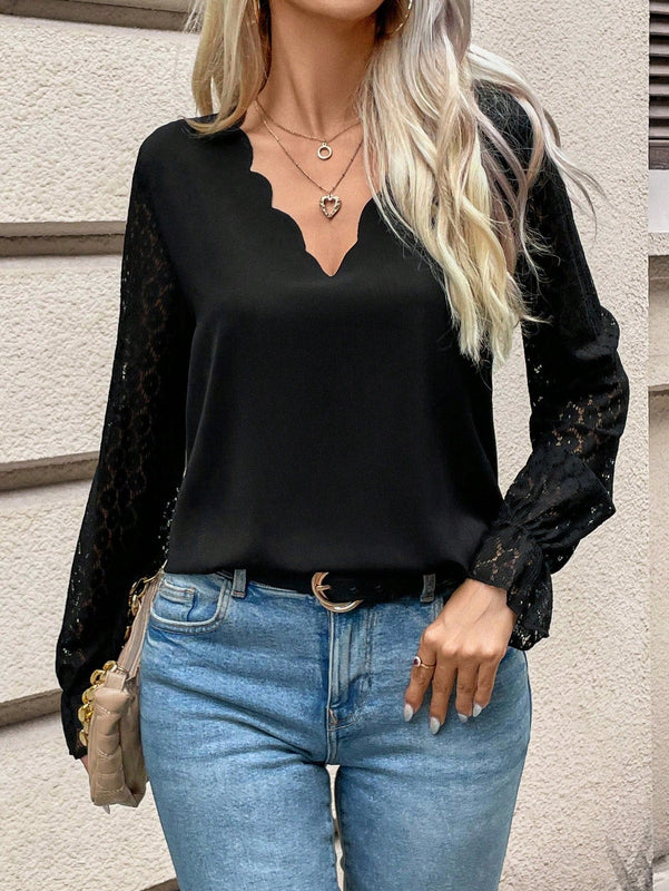 Frenchy Blusa Con Ribete Festoneado Y Manga Con Volante De Encaje En Contraste