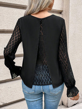 Frenchy Blusa Con Ribete Festoneado Y Manga Con Volante De Encaje En Contraste