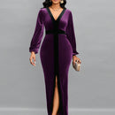 Lady Vestido Color Block Con Cuello En V, Mangas Farol Y Dobladillo Dividido Para Mujer